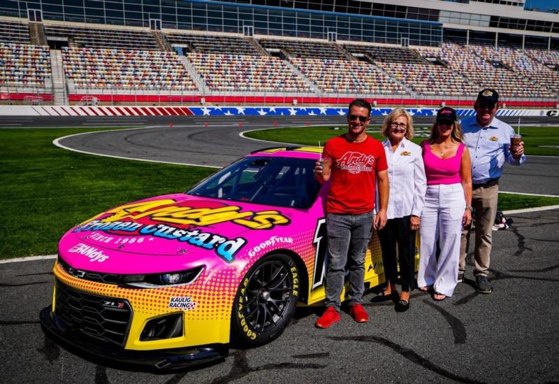 Left to Right: AJ Allmendinger, Driver of the No. 16 Camaro ZL1 for Kaulig Racing, Carol Kuntz, Founder of Andy’s Frozen Custard, Dana Kuntz Owner of Andy’s Frozen Custard and Andy Kuntz, Owner and CEO of Andy’s Frozen Custard announced their partnership for the 2022 NASCAR All-Star Race and new treat, the All-Star Jackhammer™